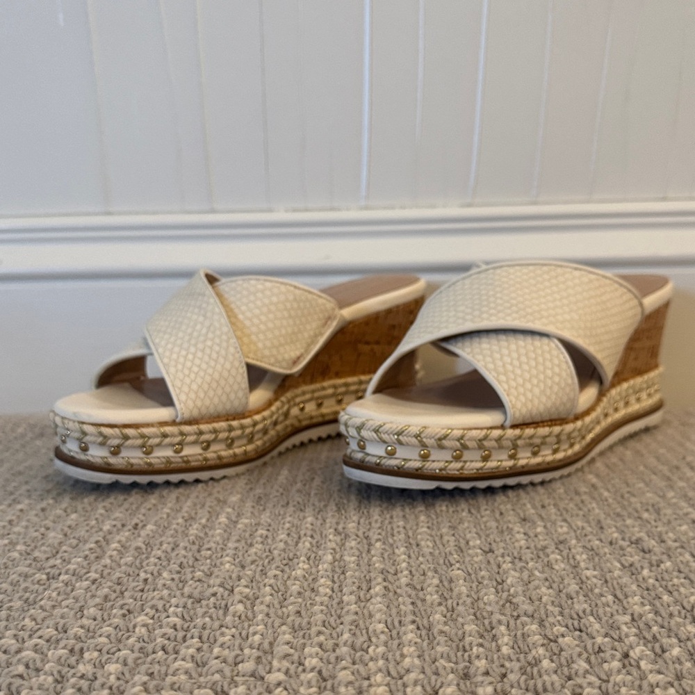 BCBGeneration Cream Cross-Strap Wedge Slides